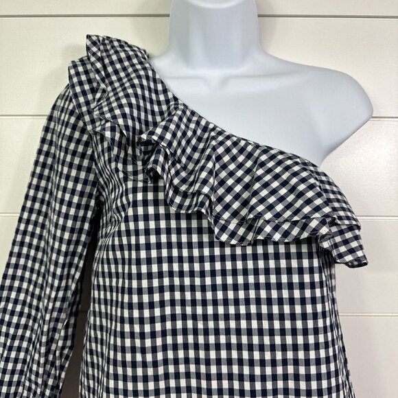 J. Crew Gingham Print One Shoulder Ruffle Top Shirt Navy Blue sz 0P - Picture 2 of 7